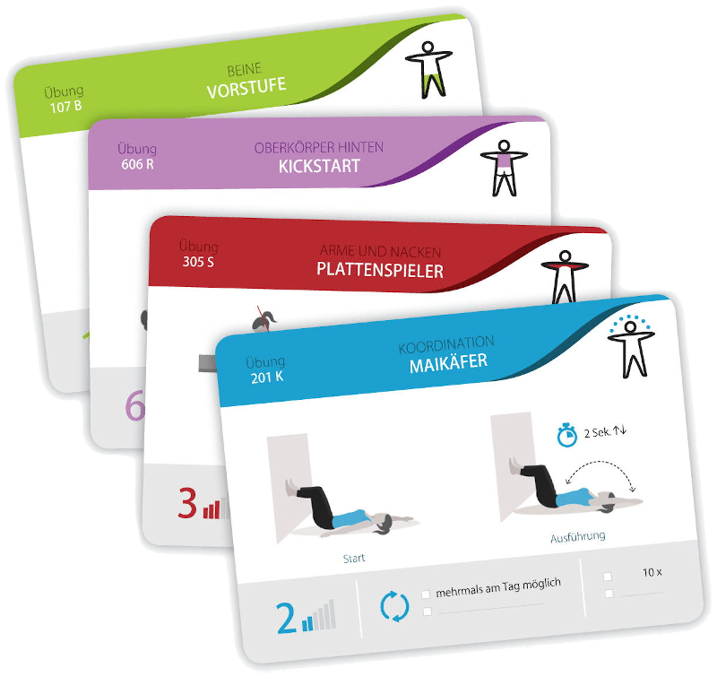 Eine Auswahl von Übungskarten aufeinder gestapelt